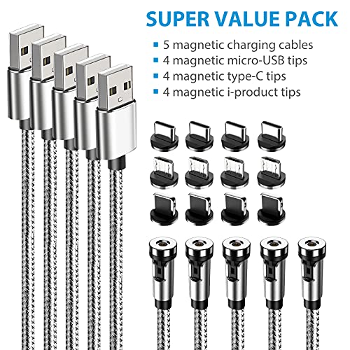 Terasako 5-Pack Magnetic Charging Cables – 540° Rotating Magnetic Connectors with LED Indicator – Versatile 90° Angle Design for Reduced Strain – Durable Nylon-Braided Cords in Black – Perfect for Smartphones, Tablets, and More – Enhanced Charging Speed & Compatibility