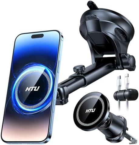 HTU for MagSafe Car Phone Mount Magnetic Phone Holder for Windshield Vent Dashboard Magnetic Suction Phone Mount for iPhone 16/15/14/13/12 & Android (Black) – Enhanced Compatibility and Speed