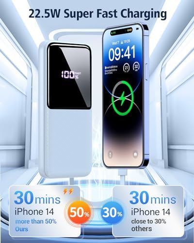 High-Capacity 20,000 m Ah Portable Power Bank – Ultra-Fast Charging Battery Pack with Built-In USB-C and i OS Cables for i Phone, Android, and Samsung Devices – Ideal Travel Companion for Uninterrupted Connectivity – Durable and Lightweight Design (1 Pack, White)