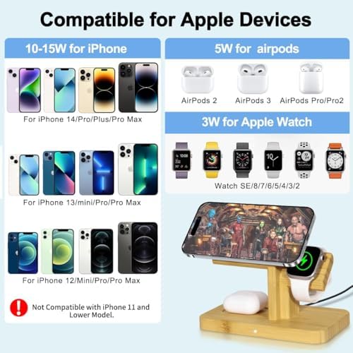 Versatile 3-in-1 Bamboo Wireless Charging Station for Apple Devices – Fast 20 W Magnetic Charger for i Phone 15/14/13/12 Pro/Max/Plus, Apple Watch 8/7/6/SE/5/4/3/2, and Air Pods 3/2/Pro – Eco-Friendly Design Enhances Your Tech Aesthetic and Maximizes Efficiency
