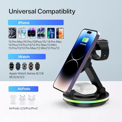 Ultimate 3-in-1 Foldable Charging Station for i Phone, Apple Watch & Air Pods – Magnetic Wireless Charger with Fast Charging for i Phone 11-16 Series, Pro Max Compatibility, Sleek Portable Design for Home & Travel