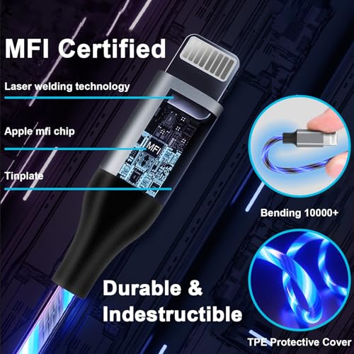 Illuminate Your Charging Experience: 6 ft LED Light-Up MFi Certified i Phone Charger Cable – Fast Charging for i Phone 14, 13, 12, 11 Pro Max, XR, X, SE, 8 Plus, i Pad & i Pod (Vibrant Purple) – Stylish, Durable, and Convenient Performance