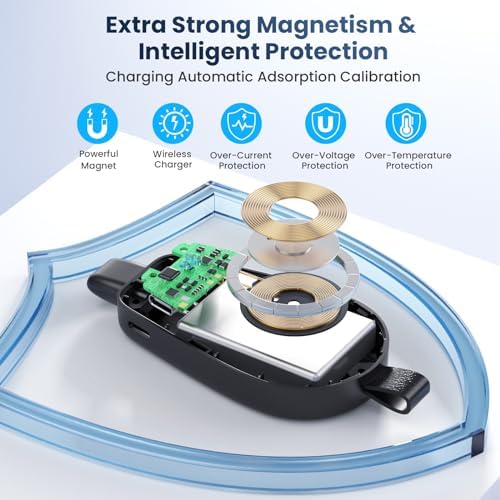 Ultra-Compact Magnetic Wireless Charger for Apple Watch & i Phone – 1600 m Ah Keychain Emergency Power Bank for Seamless Charging on the Go – Compatible with i Watch 9/8/Ultra/7/6/SE/5/4/3 & i Phone 5-14 Series (Sleek Black) – Ideal for Travelers and Professionals