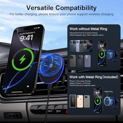 Mag Safe Car Mount Charger for Samsung Galaxy S25 Ultra Plus & More – 15 W Fast Wireless Charging Magnetic Air Vent Holder for i Phone 16 & Pixel 9 A – Secure, Convenient Phone Power Solution for Effortless Navigation