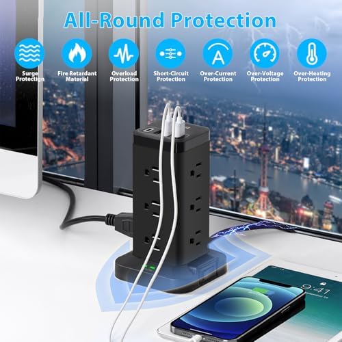 Maximize Workspace Efficiency with the BEVA Surge Protector Power Strip Tower – 12 AC Outlets & 4 Fast-Charging USB Ports, 6.5 FT Extension Cord for Optimal Device Organization and Safety in Office and Home Settings
