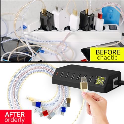 High-Power 7-Port USB Charging Hub with LED Display – 60 W/12 A Multi-Device Power Station for i Phone 14/13/12, Galaxy Tablets, Pixel, Headphones & More (Sleek Black) – Efficient PD20 W Rapid Charging Solution for Home & Office Use