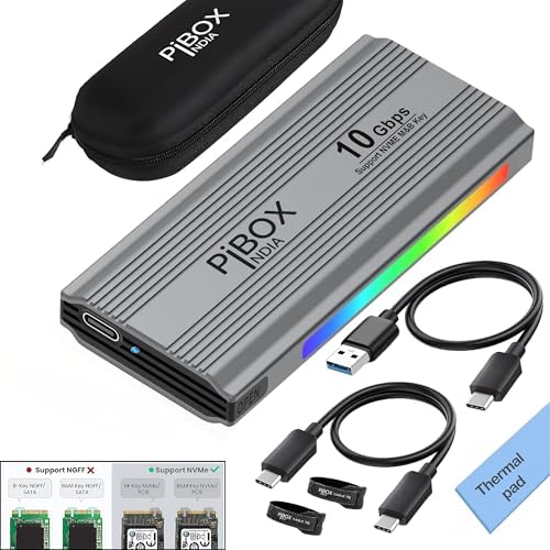 High-Speed Pibox India NVMe M2 Enclosure with Fan – USB 3.2 10 Gbps Tool-Free SSD Adapter for 2230/2242/2260/2280 M & B&M Keys – PCI-E NVMe Reader with Enhanced RTL9210 Performance and Heat Dissipation Solutions