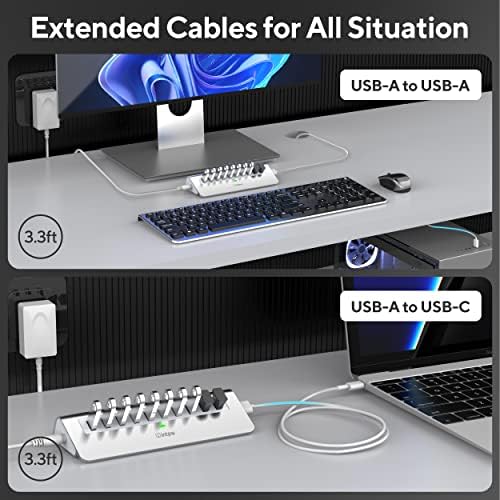 Ultimate 10-Port USB Hub 10 Gbps – Powered Aluminum Data Hub with 7 USB 3.1 Ports & 3 Fast Charging Ports for Mac, PC, and Laptop – 36 W Power Adapter Included, Type A & C Connectivity for Enhanced Performance and Speed