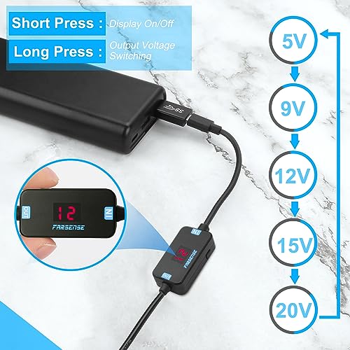FARSENSE Versatile USB C to DC Adapter with 10 Connector Tips – 3.3 ft Barrel PD Trigger Cable for Effortless Voltage Switching and LED Voltage Display – Essential Power Solution for Laptops, Cameras, and More