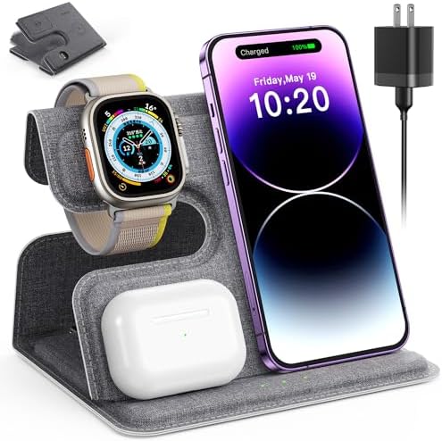 Ultimate Fabric Travel 3-in-1 Charging Station for Apple Devices – Fast Wireless Charger for i Phone 16/15/14/13/12/11/X/8, Apple Watch, and Air Pods – Foldable Design for On-the-Go Convenience and Enhanced Compatibility