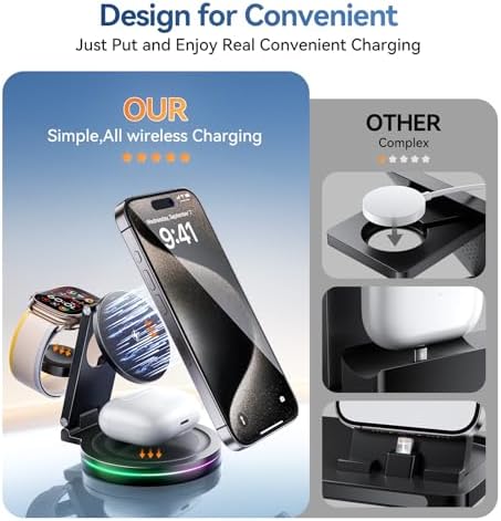 Sleek 3-in-1 Wireless Charging Station for Apple Devices – 15 W Fast Mag-Safe Qi-Certified Portable Charger Stand for i Phone 12/13/14, Apple Watch & Air Pods Pro/2/3 – Adjustable Viewing Angle & Compact Design in Elegant Silver Finish – Ultimate Convenience for Home and Office Use