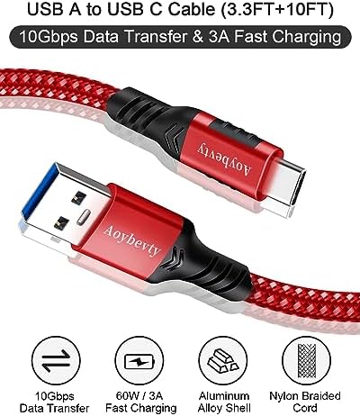 High-Speed USB A to USB C Cable (3.3 FT & 10 FT) – 10 Gbps Data Transfer, 60 W Fast Charging for Samsung Galaxy S23/S22/S21/S20/S10 Ultra & All Type C Devices – Durable Nylon Braided Design for Ultimate Flexibility and Performance