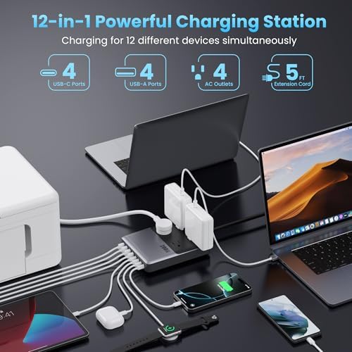 Revolutionize Your Charging Setup with the 12-in-1 USB C Power Strip – 200 W Ga N IV Fast Charger with 4 AC, 4 USB-A, and 4 USB-C Ports, Perfect for Mac Book and i Phone 16/15/14 – 5 ft Cord for Ultimate Flexibility in Home and Office Environments