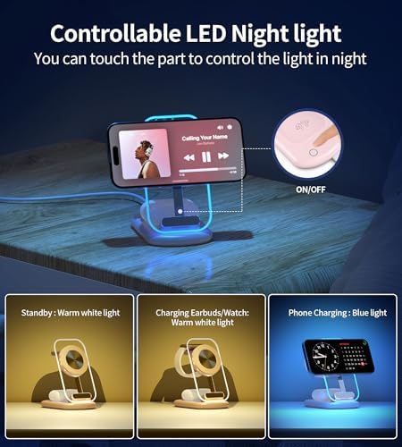 Ultimate 3-in-1 Magnetic Wireless Charging Station for Apple: Fast, Foldable Mag-Safe Charger with Night Light for i Phone 16/15/14/13/12, Apple Watch & Air Pods Pro – Travel-Ready, Enhanced Compatibility, and Rapid Charging Solution