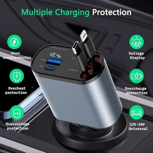 Ultimate 4-in-1 Retractable Car Charger Adapter – 100 W Fast Charge Solution for i Phone 15/14/13 Pro Max, Galaxy & Pixel – Tangle-Free 2.6 ft Cables for Multi-Device Compatibility and Convenient On-the-Go Power