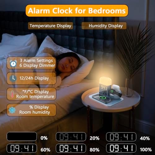 Ultimate 9-in-1 Wireless Charging Station with Integrated Alarm Clock and Night Light – Fast Qi-Certified Docking Solution for Apple Devices with 30 W Ga N Charger and USB Port – Stylish Blue Design for Clutter-Free Bedside Charging