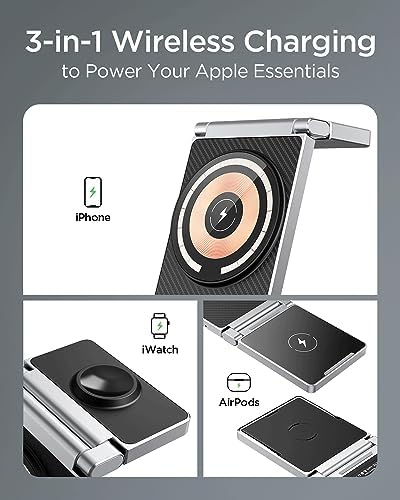 Hohosb Foldable 3-in-1 Magnetic Wireless Charger Station – Premium Zinc Alloy Design for i Phone 15/14/13/12, Air Pods Pro/3/2, and Apple Watch – Mag Safe Compatible, Fast Charging, and Travel-Friendly Solution for All Your Devices (Blue)