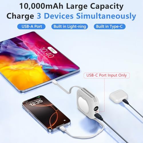 LUCKYDUO Ultra-Slim 10000 m Ah Power Bank with Integrated Dual Charging Cables and LED Battery Indicator – Elegant Travel Companion for Fast Charging i Phones, Samsung Devices, and More – Stylish Portable Charger for On-the-Go Power Solutions