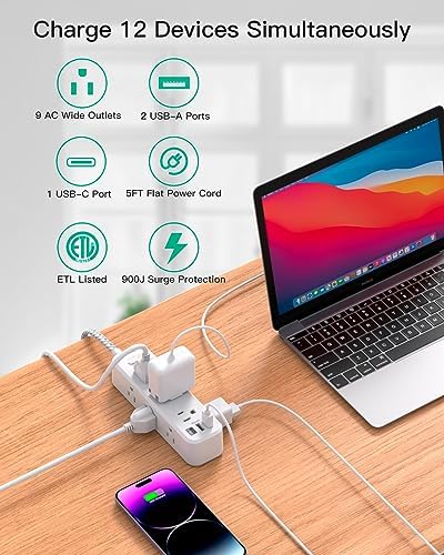 10 ft Power Strip with Surge Protection – 9 Outlets and 3 USB Ports for Fast Charging – Versatile Extension Cord for Home, Office, and Dorm Room – Safe and Efficient Multi-Device Management – Durable and Compact Design for Everyday Use