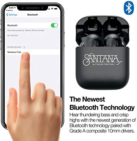 SANTANA BY CARLOS SANTANA Rio Wireless Bluetooth Earbuds – Immersive Sound Quality with 64-Hour Playback, 100-Hour Standby, IPX5 Waterproof Rating, Compact USB Charging Case, LED Battery Indicator & Voice Assistant Support – The Definitive Audio Solution for Active Lifestyles in Elegant Black