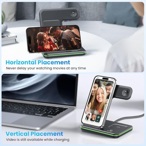 WAITIEE 3-in-1 Wireless Charging Station for i Phone, Apple Watch & Air Pods – Fast, Stylish Blue Charger with Enhanced Compatibility for i Phone 16, 15, 14, 13, 12, 11, X, 8 & Air Pods Pro – Ultimate Travel-Friendly Charging Solution with Safety Features