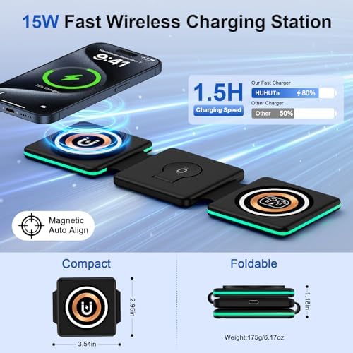 Ultimate 3-in-1 Magnetic Wireless Charging Station for i Phone, Air Pods, and Apple Watch – Foldable Travel Dock with Fast Charging for i Phone 15/14/13/12 Pro/Max/Mini/Plus, Air Pods Pro/3/2, and All Watch Series – Compact, Efficient, and Stylish Power Solution for On-the-Go Users