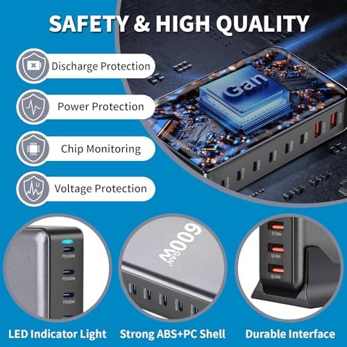 Power Up Efficiently: 600 W USB-C Multi-Device Fast Charging Station with 8 Ports – Ga N III Technology for Rapid Output, 140 W PD3.0 & PPS Compatibility with Mac Book Pro/Air, i Pad, i Phone 16/15/14/13 – Ideal for Home, Office & Travel
