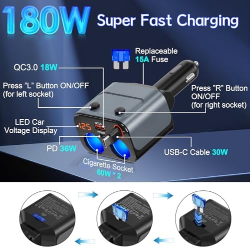 High-Power 180 W Retractable Car Charger with Dual QC 3.0 & PD 36 W Fast Charging | Integrated LED Voltmeter & Replaceable 15 A Fuse for Enhanced Safety | Multi-Device Cigarette Lighter Splitter for GPS, Dash Cams & Smartphones | Tangle-Free PD 30 W Lightning Cable Included