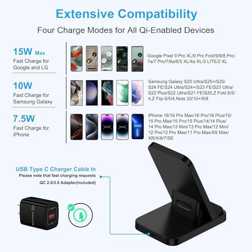 15 W Fast Wireless Charger Stand for Samsung Galaxy S25 Ultra/S25 Plus/i Phone 16 Pro Max/Google Pixel 9 – Ultra-Fast Charging with 3 FT USB Type C Cable & QC 3.0 Adapter – Case Friendly Design for Seamless Power – Ideal Nightstand Solution with Safety Features – Travel-Friendly Lightweight Charger for All Android Devices