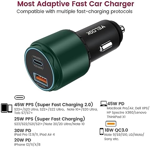 VELOGK 73 W Turbo USB-C Car Charger – Ultra-Fast Adaptive 55 W & 45 W PPS/PD & QC3.0 Adapter for Samsung Galaxy S25/S24/S23/S22+/S21/S20 & i Pad Pro – Compact Green Design with Advanced Safety Features for Rapid On-the-Go Charging