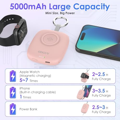 Compact 5000 m Ah Portable Charger with Built-in Cable – Keychain Power Bank for Apple Watch and i Phone – Fast Wireless Charging for Apple Watch 9/Ultra2/8/7/6/SE/5/4/3, Compatible with i Phone 15/14/13/12/11 & Android Devices – Ultimate Travel Accessory for On-the-Go Power