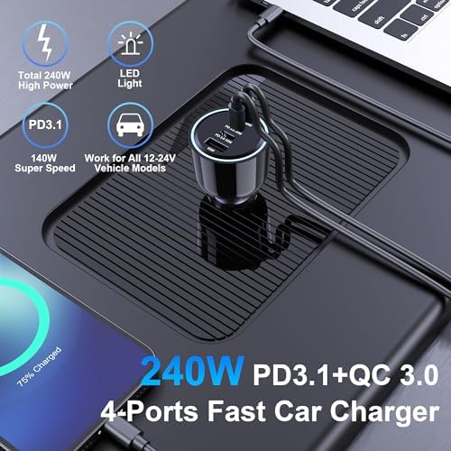 URVNS 240 W USB C Car Charger – Super Fast 4-Port PD3.1/PD3.0 Multi-Device Car Adapter for Mac Book Pro, i Phone 15/16 Max, Samsung Galaxy S24/S23, Google Pixel – Ultimate On-the-Go Charging Solution with Smart Power Distribution and Safety Features
