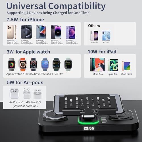 30 W Foldable Multi-Device Charging Station with Clock & Night Light – Ultimate Apple Accessory for i Phone 16 Pro Max, i Pad, and Apple Watch – High-Speed Charging Dock, Portable Design, and Enhanced Functionality for Home or Travel