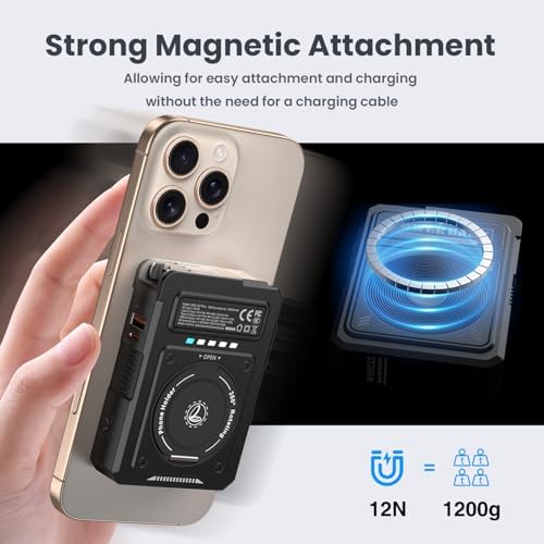 Magnetic 5-in-1 Power Bank with Built-in AC Plug – 10,000 m Ah Mag Safe Battery Pack for i Phone 16/15/14/13/12 Mini, Apple Watch & Air Pods – 22.5 W Fast Wired & 15 W Wireless Charging with 360° Rotating Stand – Effortless Convenience & Advanced Safety Features for On-the-Go Users
