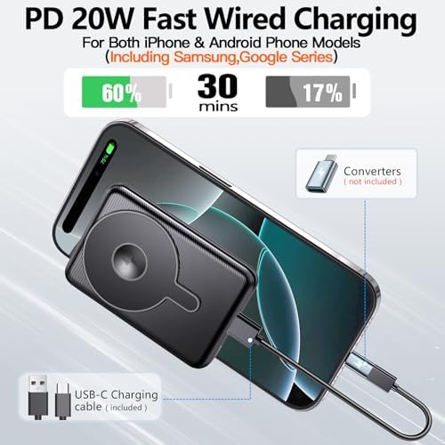 Kurdene Ultra Slim 3-in-1 Wireless Portable Charger – 5000 m Ah Magnetic Power Bank for Fast Charging i Phone 16/15/14/13/12, Apple Watch & Air Pods – Sleek Black Design for Ultimate Portability and Efficiency