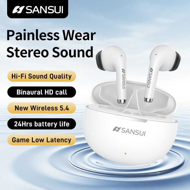 SANSUI W6 True Wireless Earbuds – Cutting-Edge 5.4 Bluetooth Technology with Ultra-Low Latency for Gaming, Immersive Hi-Fi Stereo Sound via 13 MM Drivers, 13 Hours Playtime in Stylish White Charging Case – Ideal for Audiophiles and Competitive Gamers Alike