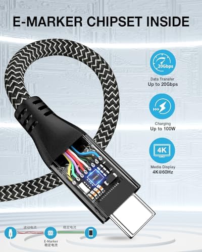 RIITOP 20 Gbps USB 3.2 C to C Cable – 1 FT Braided Type C to A Adapter for External M.2 SSD – Fast Charging & Data Transfer Solution with E-Marker Chipset for Optimal Performance and Compatibility