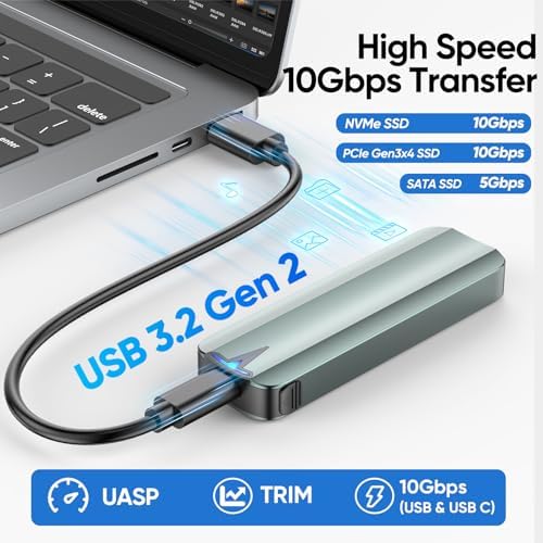 Ultra-Fast NVMe Enclosure for M.2 SSDs – Tool-Free 10 Gbps USB 3.2 Gen2 Adapter with Enhanced Cooling Design, Supports M & M+B Key Sizes 2230/2242/2260/2280, Up to 4 TB Storage – Optimal Performance for Effortless Data Transfers and Backup Solutions