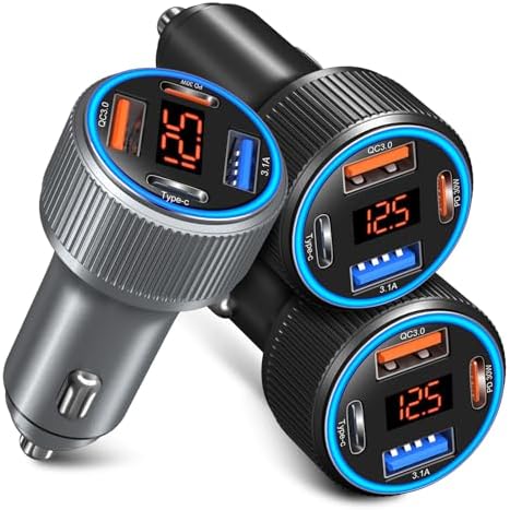 High-Speed USB C Car Charger 3-Pack – 65 W Dual Port QC+PD 3.0 Fast Charging Adapter with Voltmeter for i Phone 16-12, i Pad Pro Max & Android Devices – Reliable Multi-Port Cigarette Lighter Charger in Sleek Black/Gray Design