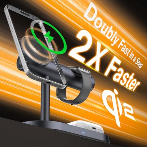 IVANKY Qi2 Certified 4-in-1 Wireless Charging Stand with Adjustable Nightstand Light – Fast Charge for i Phone 16/15/14, Apple Watch, and Air Pods – Sleek Design with Enhanced Safety Features and Magnetic Stability for Tangle-Free Convenience