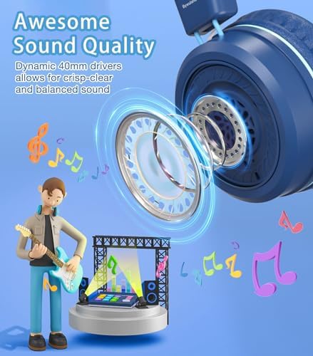 Vibrant Blue Kids Bluetooth Headphones with LED Lights – Safe Volume Limiter (85/94 d B) for Ear Protection – Fast USB Type C Charging – Comfortable On-Ear Design for School & Travel – Integrated Microphone for Clear Online Communication – Perfect for Boys & Girls