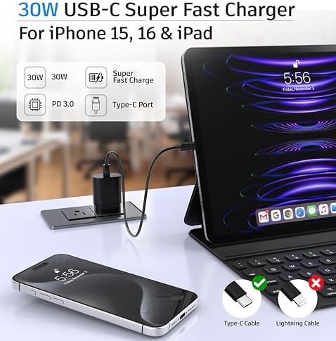 30 W Ultra-Fast USB-C Dual Pack Charger for i Phone 15 & 16 – Includes 6.6 ft & 10 ft Cables – Versatile Compatibility with i Pad Pro and Galaxy S Series – Perfect for Active Lifestyles and Quick Power Solutions