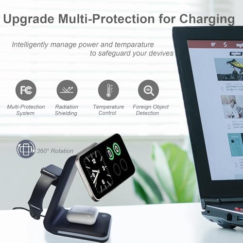 Ultimate 3-in-1 Magnetic Wireless Charging Station with Nightlight – Fast 15 W Apple Mag Safe Charger for i Phone 12/13/14/15/16, i Watch Series, and Air Pods – Sleek Design for Enhanced Compatibility and Efficient Power-Up