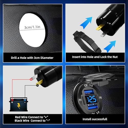 12 V USB Charger with LED Voltmeter – Premium 4-Port Aluminum Alloy Outlet Featuring Dual PD3.0 & QC3.0 Fast Charging for Cars, Boats, RVs, and More – Ultimate On-the-Go Power Solution (Pack of Two)