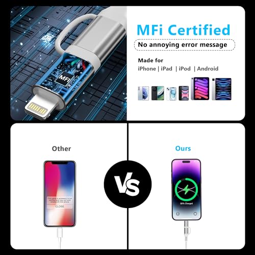 Coiled USB to USB-C and Lightning Cable 2-in-1 – MFi Certified for Apple Car Play & Android Auto, 3 A Fast Charging & Data Sync, Compact Short Cable for i Phone 16/15/14/13/12 & Galaxy – Superior Versatility & Durability in White