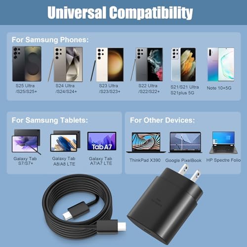 10 Ft USB C Charging Cable with 25 W Fast Charge Block – Optimal Compatibility for Samsung Galaxy S25/S24/S23 Series and Note 20/10 – Durable, Long-Lasting Performance for Home, Office, or Travel Use – Effortless Power for Your Android Devices