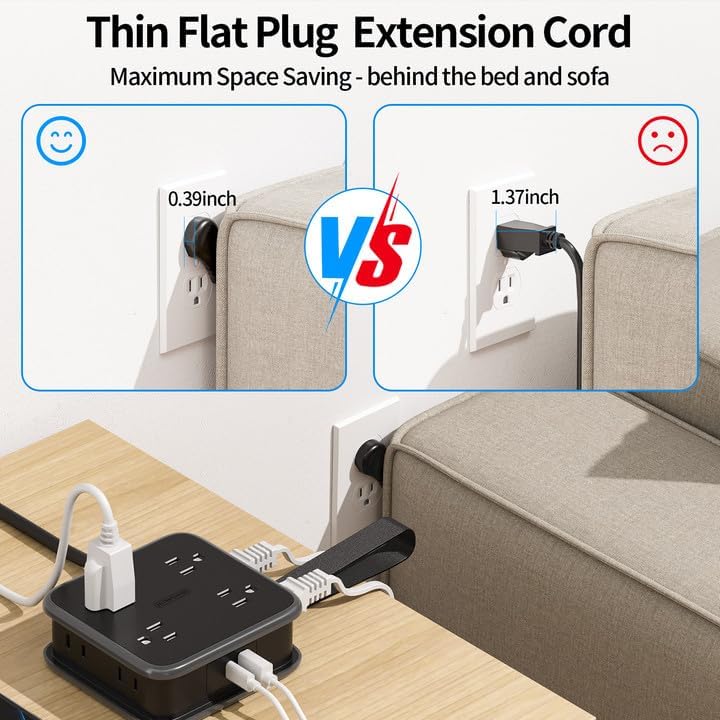 NTONPOWER 8-Outlet Flat Plug Power Strip with 45 W USB-C Fast Charging Port – Compact Multi-Device Extender with 5 ft Cord, Ideal for Home and Travel, Compatible with i Phone, Mac Book Pro, Tablets, and Samsung – Smart Design for Organized Charging Solutions