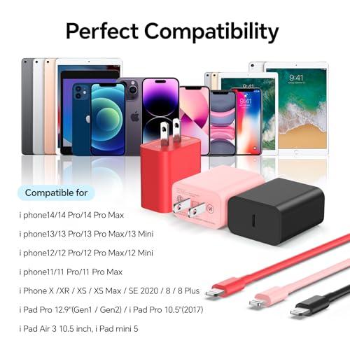 10 FT Lightning Cable Pack – 3 Durable MFi Certified Fast Charging Cords for i Phone 14/13/12/12 Pro Max/11/Xs Max/XR/X & Air Pods Pro – 20 W Quick Charge in Pink, Red, Black – Ultimate Flexibility & Style for Everyday Use