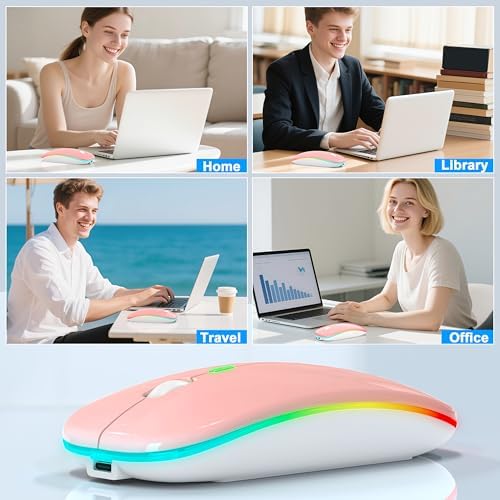 Sleek LED Bluetooth Wireless Mouse for Mac & PC – Rechargeable, RGB Light-Up Design with Dual Connectivity (BT5.2 + 2.4 G USB) – Slim, Portable Mouse with Jiggler Function for Work & Play – Enhanced Performance & Style in White
