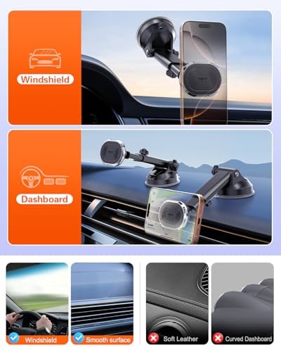 volport Magnetic Phone Holder for Car, Industrial-Strength Suction Cup Phone Mount Windshield Dashboard, Strong Magnets Adjustable Phone Mount for Phone, Requires Metal Plate (3 Included) for Use – Enhanced Compatibility and Speed